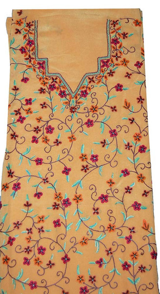Crepe Silk Salwar Kameez Suit Fabric Apricot, Multicolor Embroidery #FS-914