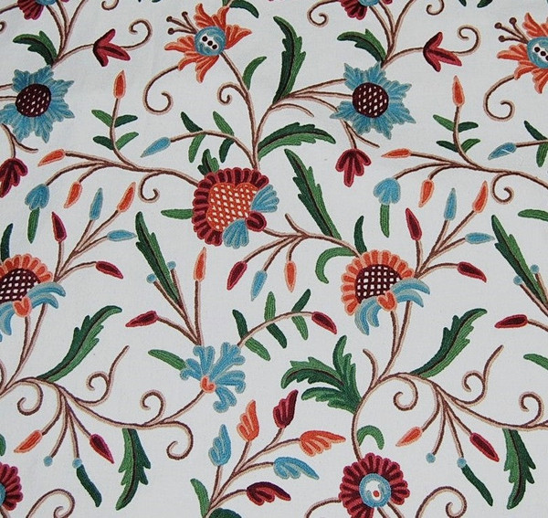 Made to Order Custom Crewel Embroidered Fabric Off-White, Multicolor #3304