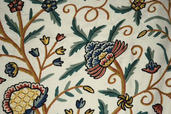 Linen Crewel work Embroidered Fabric "Tree of Life" Beige, Multicolor #DDR602