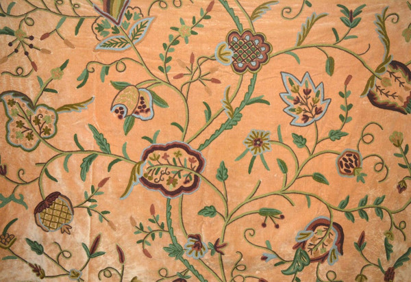 Crewel Velvet Embroidered Fabric "Watlab" Tan, Multicolor #CV305