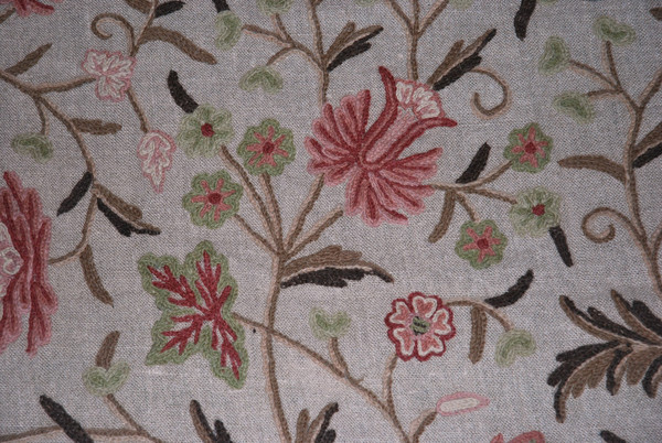 Crewel Embroidered Linen Fabric Floral Beige, Multicolor #FLR603