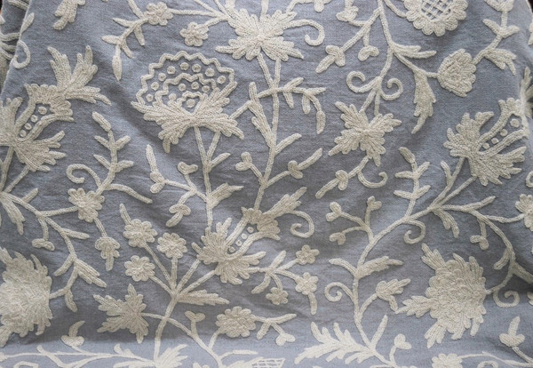 Crewel Embroidered Linen Fabric Floral, White on Grey #FLR641