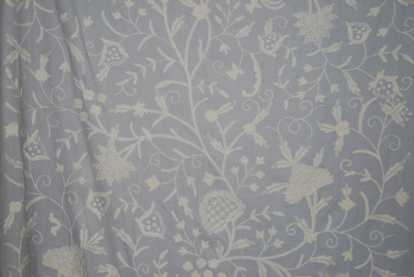 Cotton Crewel Embroidered Fabric "Tree of Life", White on Grey #DDR452