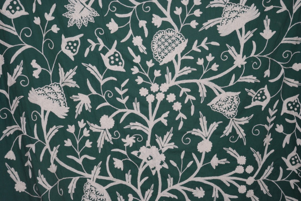 Cotton Crewel Embroidered Fabric "Tree of Life", White on Green #DDR072