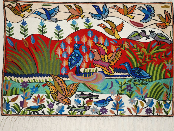 Crewel Tapestry Rug Wall Hanging Area Rug "Birds", Multicolor 2x3 ft #CWR6122