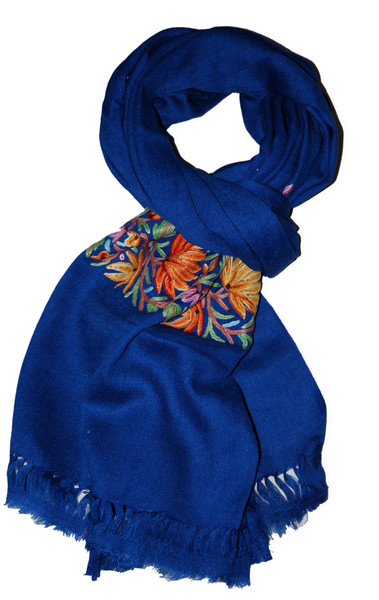 Embroidered Wool Shawl Scarf Navy, Multicolor Embroidery #WS-140