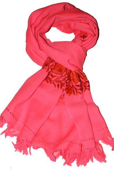 Embroidered Wool Shawl Scarf Coral, Multicolor Embroidery #WS-141