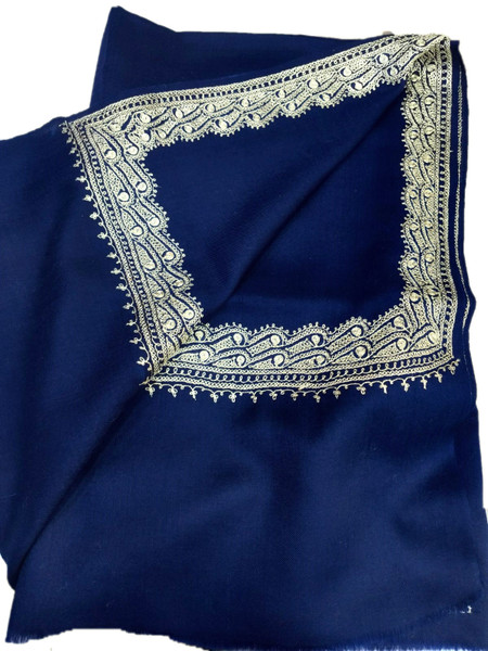 Crewel Sozni "Tilla" Embroidery Wool Shawl Navy, Silver Embroidery #WS-901