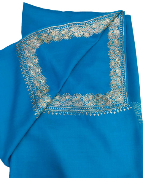 Crewel Sozni "Tilla" Woolen Shawl Turquoise, Silver Embroidery #WS-905