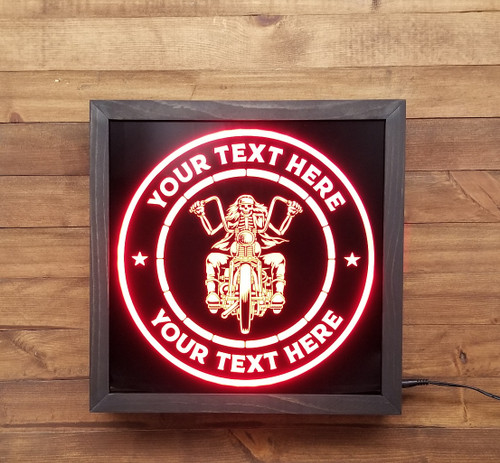 funny skeleton biker LED sign dark humor motorcycle bar decor wood framed RGB light Bones & Smoke Co