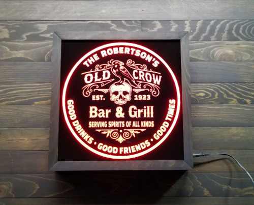 Add a touch of vintage charm to your bar with this custom Old Crow Bar whiskey or beer LED sign. Personalize it with your own text and choose from 20 different colors to create a unique and eye-catching addition to your home bar or man cave.