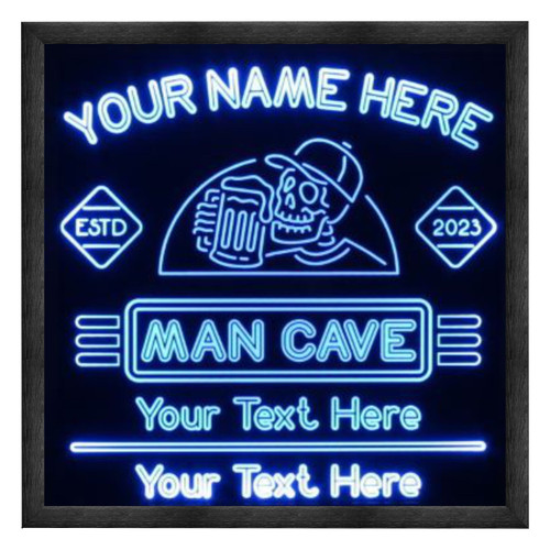 Personalized Man Cave skeleton LED sign with custom name, year, and text, wood frame and blue glow lighting for bar or garage decor.