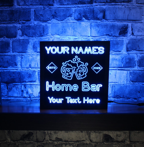 Personalized LED Beer Sign with engraved black acrylic in a wooden frame. Features a custom-designed beer mug, color-changing LED lights, and remote control for a unique and eye-catching addition to your home bar or man cave decor