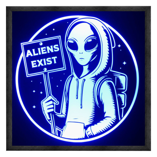 Hooded alien LED sign holding customizable message board glowing blue in wood frame with circular star background