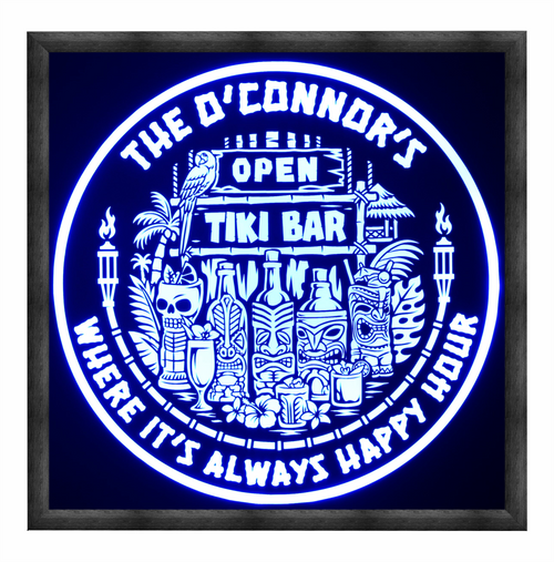 Personalized Tiki Bar LED sign with tiki hut, tiki masks, cocktails, torches, palm trees and parrot, custom top and bottom text, RGB glow in wood frame by Bones & Smoke Co.