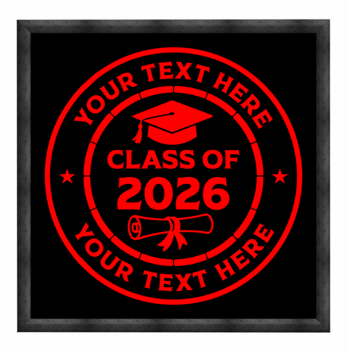 Personalized Class of 2026 graduation LED sign with cap and diploma design, custom top and bottom text, glowing red inside a wood frame.