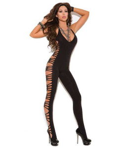 Vivace Deep V Opaque Bodystocking w/Cut Out Side Detail Black O/S Lingerie Elegant Moments