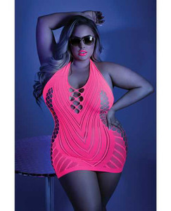 Glow Black Light Net Halter Dress Neon Pink QN Apparel Fantasy Lingerie
