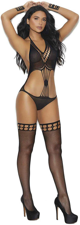 Crochet Teddy With Matching Stockings - One Size - Black Lingerie Elegant Moments
