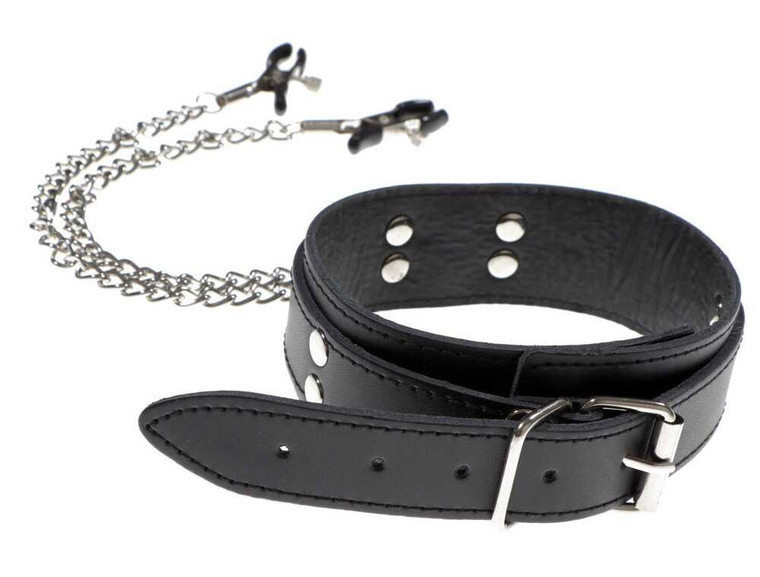 Leather Collar with Attached Nipple Clamps Adult Novelties Touch of Fur
