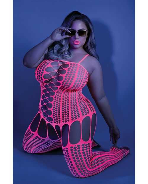 Glow Black Light Criss Cross Paneled Bodystocking Neon Pink QN Apparel Fantasy Lingerie