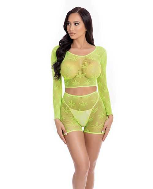 Pink Lipstick Leaf it to Me Long sleeve Crop Top & Short Green O/S Apparel Pink Lipstick