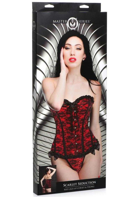 Master Series Scarlet Seduction Lace-up Corset & Thong - Large - Red/Black Apparel Master Series