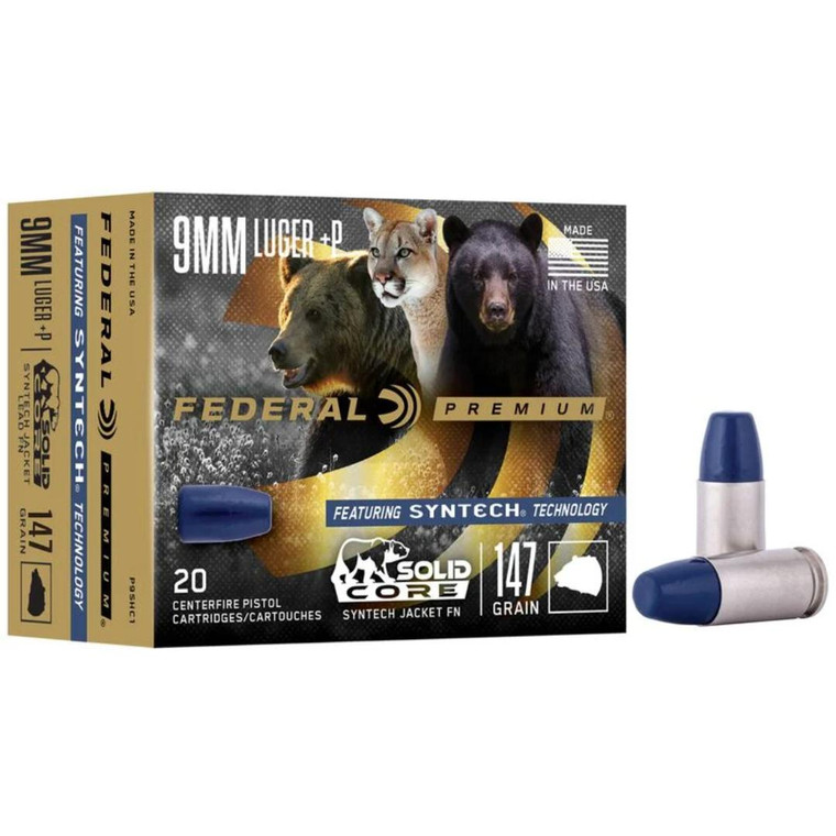 Federal Solid Core, 9mm Luger +P, 147gr, Solid, 1120 fps