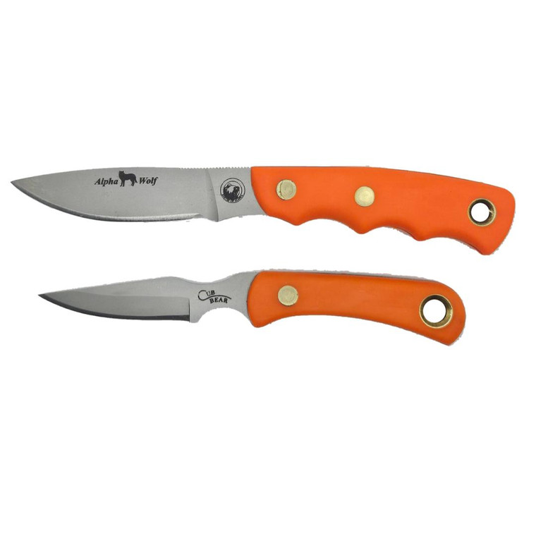 Knives of Alaska Alpha Wolf D2 / Cub Bear Combo Dark Chocolate brown case, Orange Suregrip