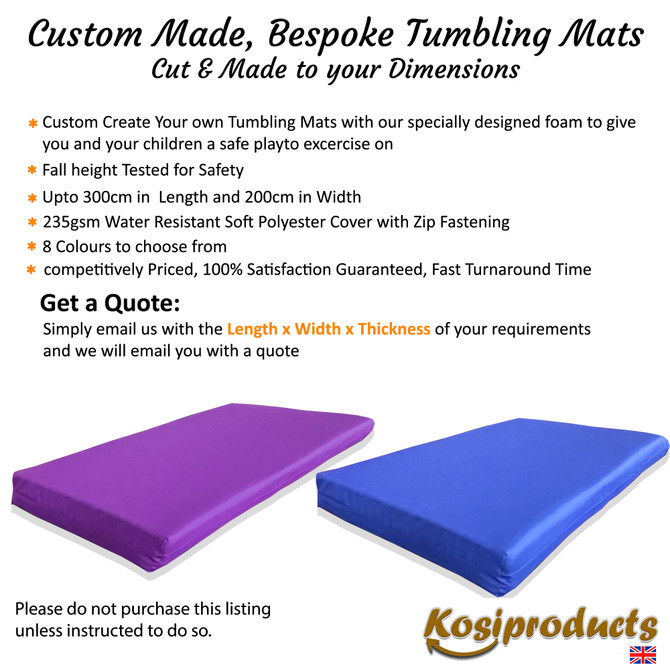 Custom Made to Measure bespoke Tumbling, Landing Crash Mats Royal Blue 13cm thick