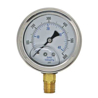 Liquid Filled Pressure Gauge, 1/4in Bottom Mount, 0-600PSI, 2-1/2in Dia. Face
