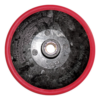 Backing Plate, Velcro Grip, 5in Dia. 5/8in-11 Thread Arbor Spindle, Female, Red, S.M. Arnold 69-086