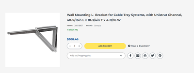 Wall Mounting L- Bracket for Cable Tray Systems, with Unistrut Channel, 40-5/16in L x 18-3/4in T x 4-11/16 W