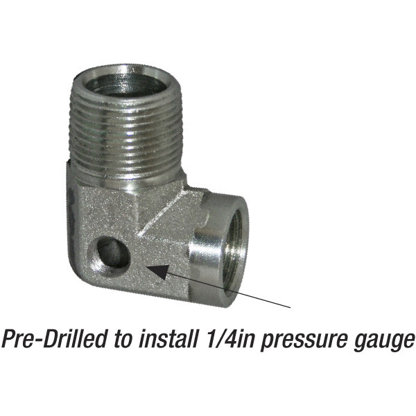 90° Street Elbow, 1in MPT x 3/4in FPT, 1/4in Tapped Hole for Pressure Gauge, Steel Zinc Coated