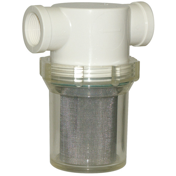 In-Line Strainer Assembly, Inlet/Outlet 1in FPT, 40 Mesh Steel Screen, Clear Nylon Bowl with Viton Gasket, RVF1616NV40C