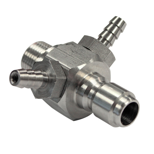 Dual Chemical Injector, 1/4in Hose Barb, .083 Orifice, 200PSI, 2.1GPM, 3/8in MPT x Quick Disconnect Plug, Stainless Steel Body, General Pump 120083