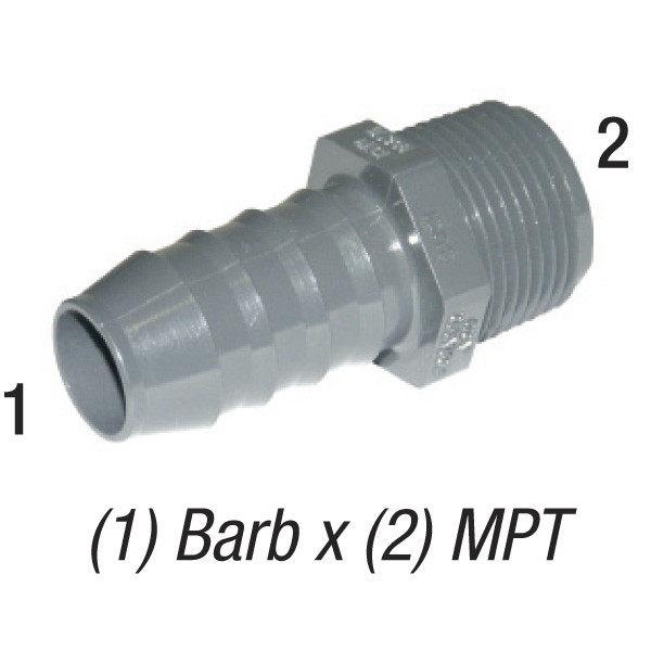 Adapter, 1/2in MPT x 3/4in Barb, PVC SCH40, 1436-074, Gray