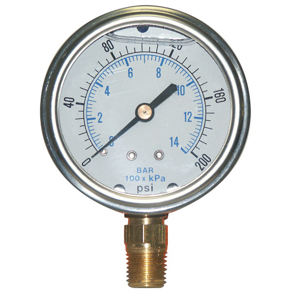 Liquid Filled Pressure Gauge, 1/4in Bottom Mount, 0-1500PSI, 2-1/2in Dia. Face