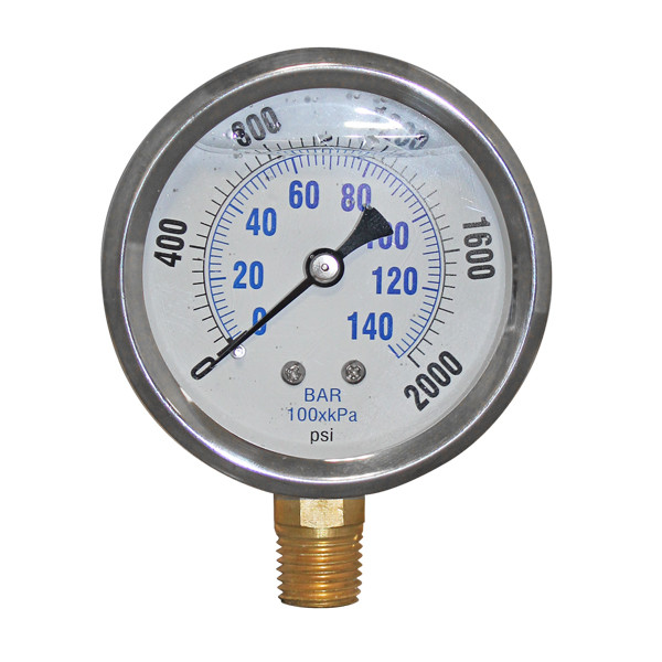 Liquid Filled Pressure Gauge, 1/4in Bottom Mount, 0-2000, 2-1/2in Dia. Face