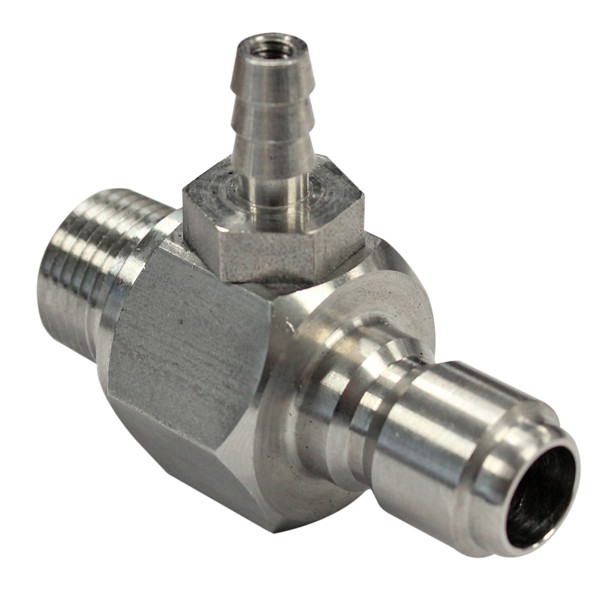 Single Chemical Injector, 1/4in Hose Barb, .057 Orifice, 200PSI, 1.0GPM, 3/8in MPT x Quick Disconnect Plug, Stainless Steel Body, General Pump 110057