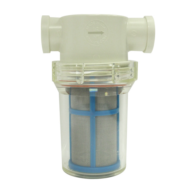 In-Line Strainer Assembly, Inlet/Outlet 3/4in FPT, 40 Mesh Caged Steel Screen, EPDM Gasket, Clear, RVF1212NE4CC