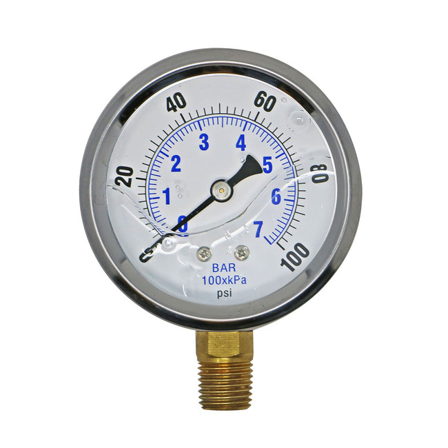 Liquid Filled Pressure Gauge, 1/4in Bottom Mount, 0-100PSI, 2-1/2in Dia. Face