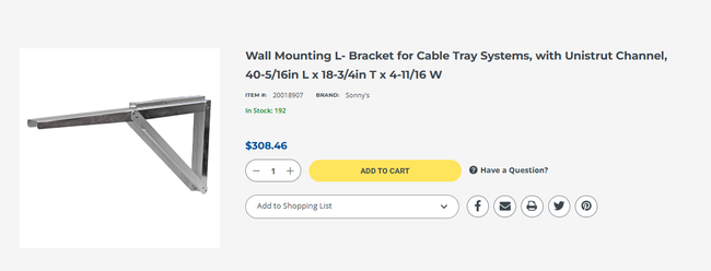 Wall Mounting L- Bracket for Cable Tray Systems, with Unistrut Channel, 40-5/16in L x 18-3/4in T x 4-11/16 W