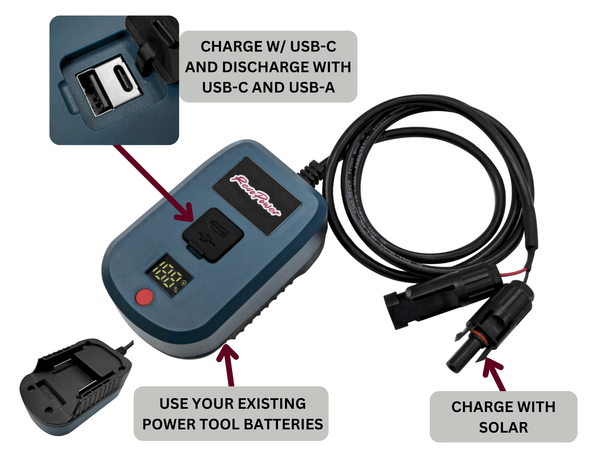 RevoPower Solar Power Tool Battery Adapter for Portable Charging 