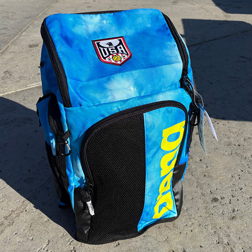 Arena Spiky III Allover Backpack 45L with USA Water Polo Ball Patch, Blue Arena Spiky III Allover Backpack 45L with USA Water Polo Ball Patch, Blue
