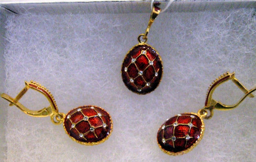 Silver Russian Handmade Faberge EGG PENDANT & EARRINGS SET # PD-21-171 RED ENAMEL Silver Russian Handmade Faberge EGG PENDANT & EARRINGS SET # PD-21-171 RED ENAMEL