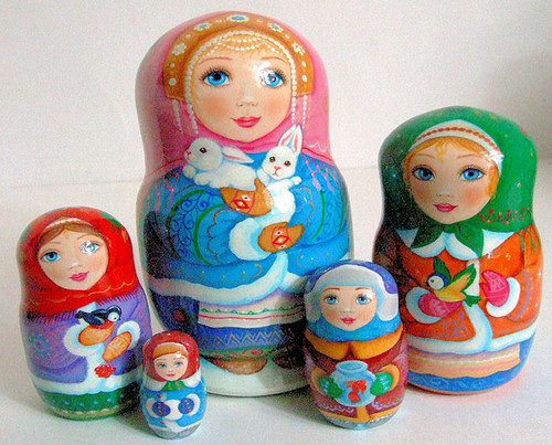 5pcs Hand Painted Russian Nesting Doll " Girls w/ Animals" by Inna Kaminskaya