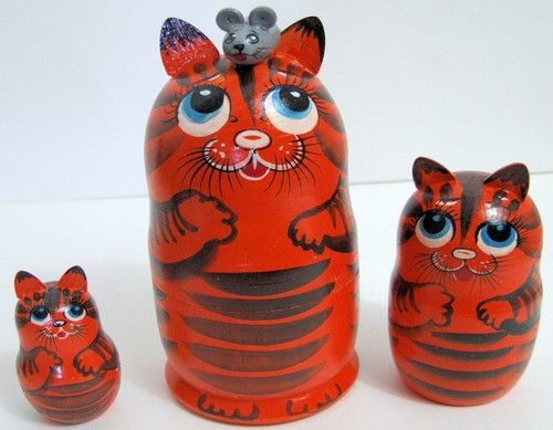 3pcs Hand Painted Russian Nesting Doll of ORANGE CATS w/ Handcarved Ears