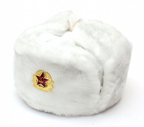 Authentic Russian White Ushanka Hat w/ Soviet Red Army Badge Size Large (60 cm) Authentic Russian White Ushanka Hat w/ Soviet Red Army Badge Size Large (60 cm)