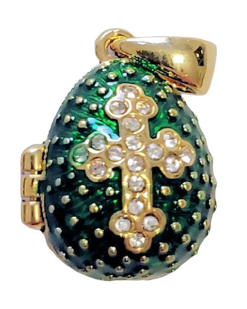 Russian Faberge Silver egg Pendant, Green w/gem cross, gem star, opens to Angel inside Russian Faberge Silver egg Pendant, Green w/gem cross, gem star, opens to Angel inside